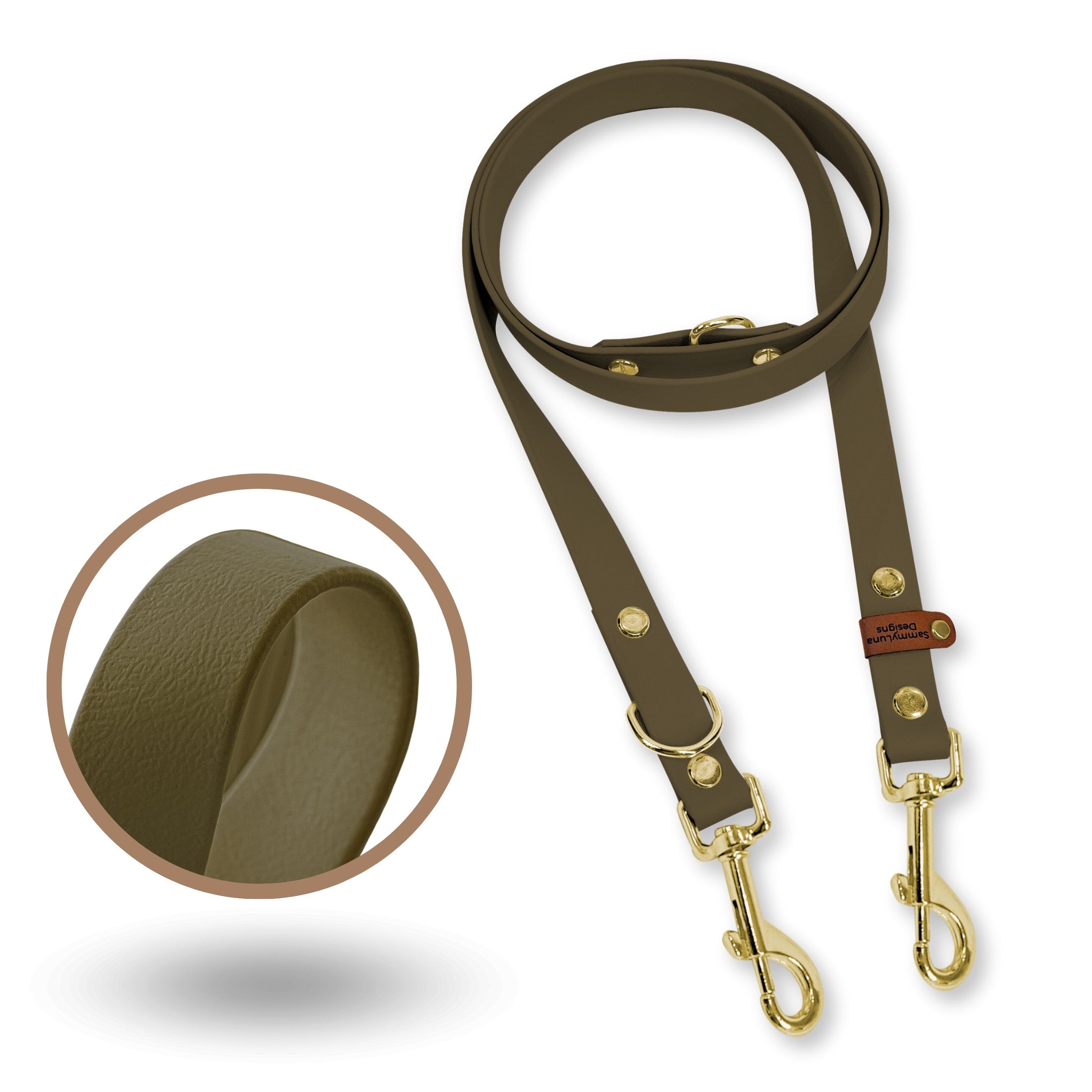 BioThane Hundeleine in der Farbe Olive mit goldenen Karabiner