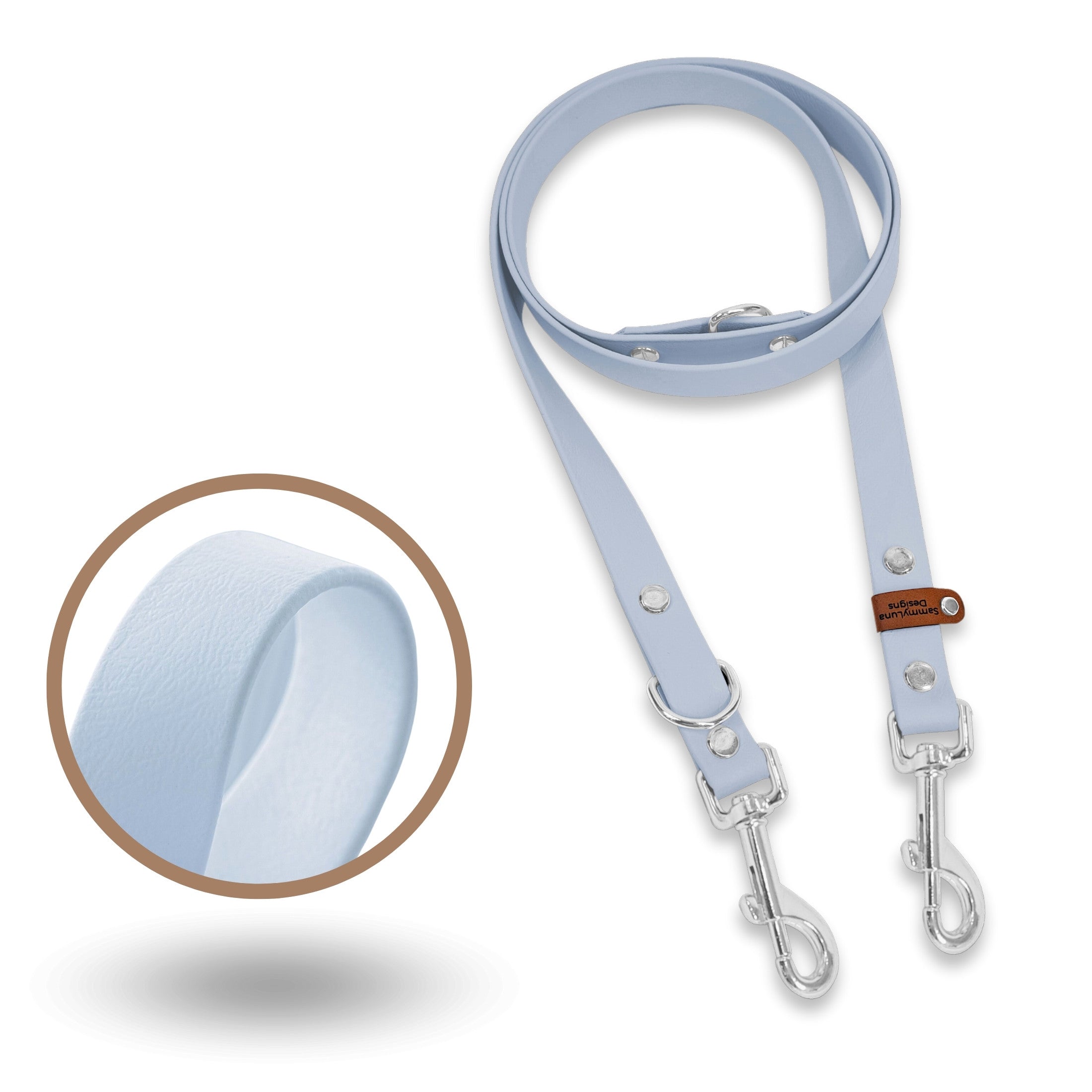 Biothane Leine in der Farbe Pastell-Blau mit silberner Hardware