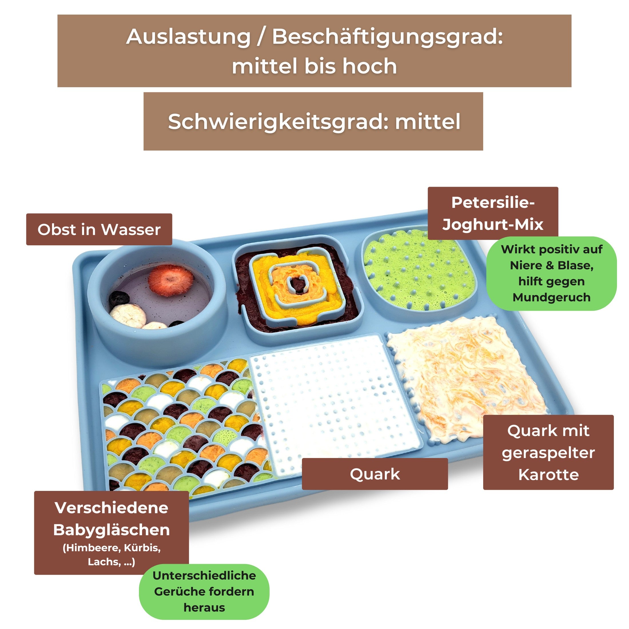 Schleckmatte mit unterschiedlichen Zutaten befüllt