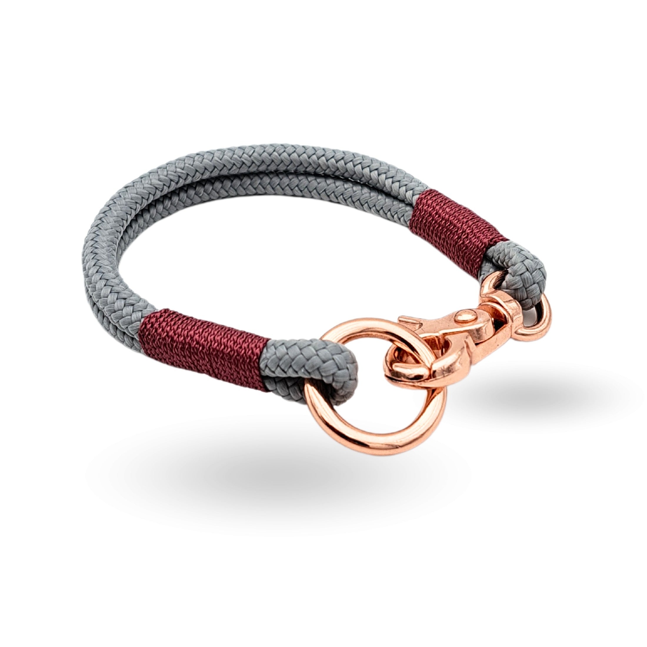 Hundehalsband aus Tau in klein in grauer Farbe mit rose-goldener Hardware