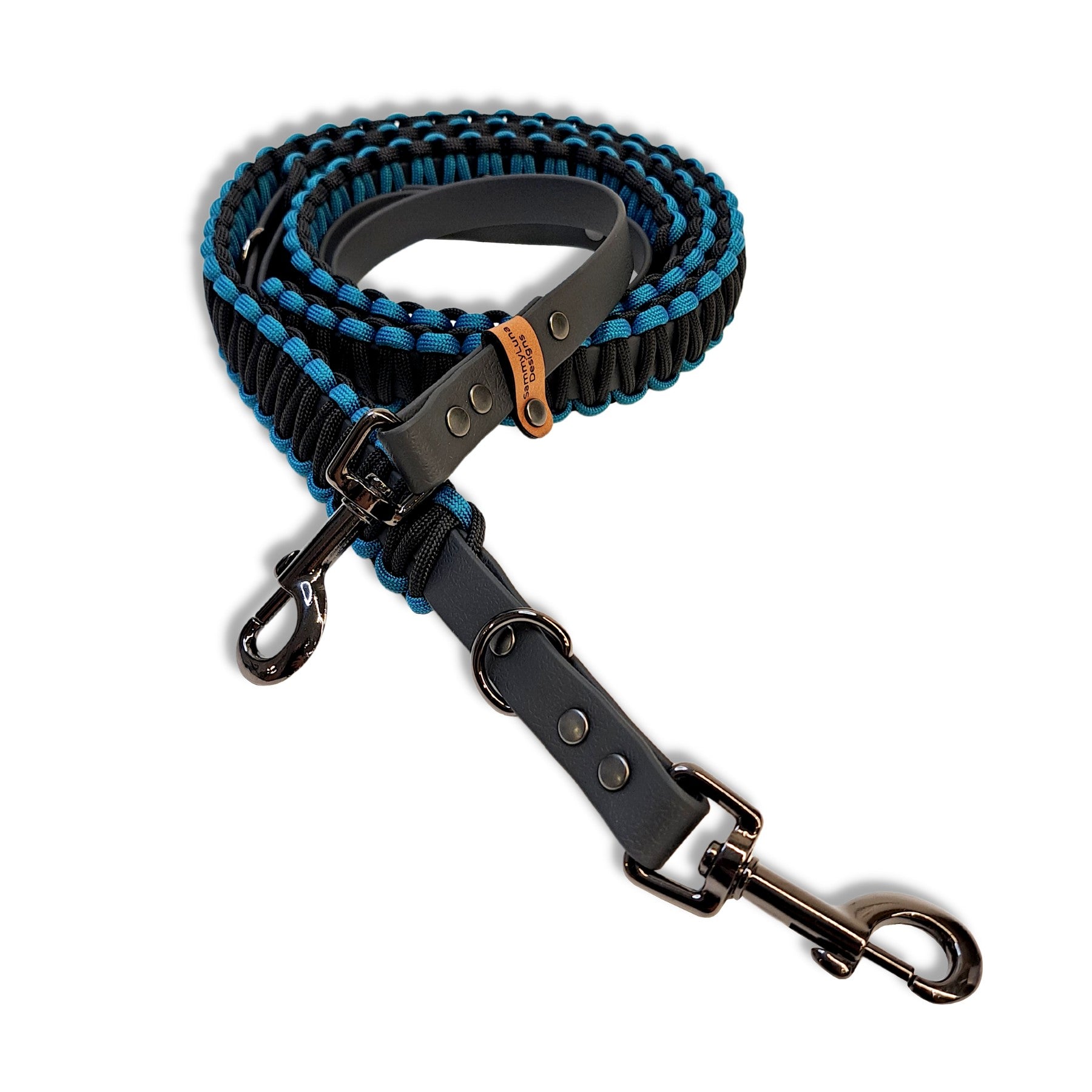 Hundeleine Teal Schwarz aus Paracord-Nylon und Gurtband