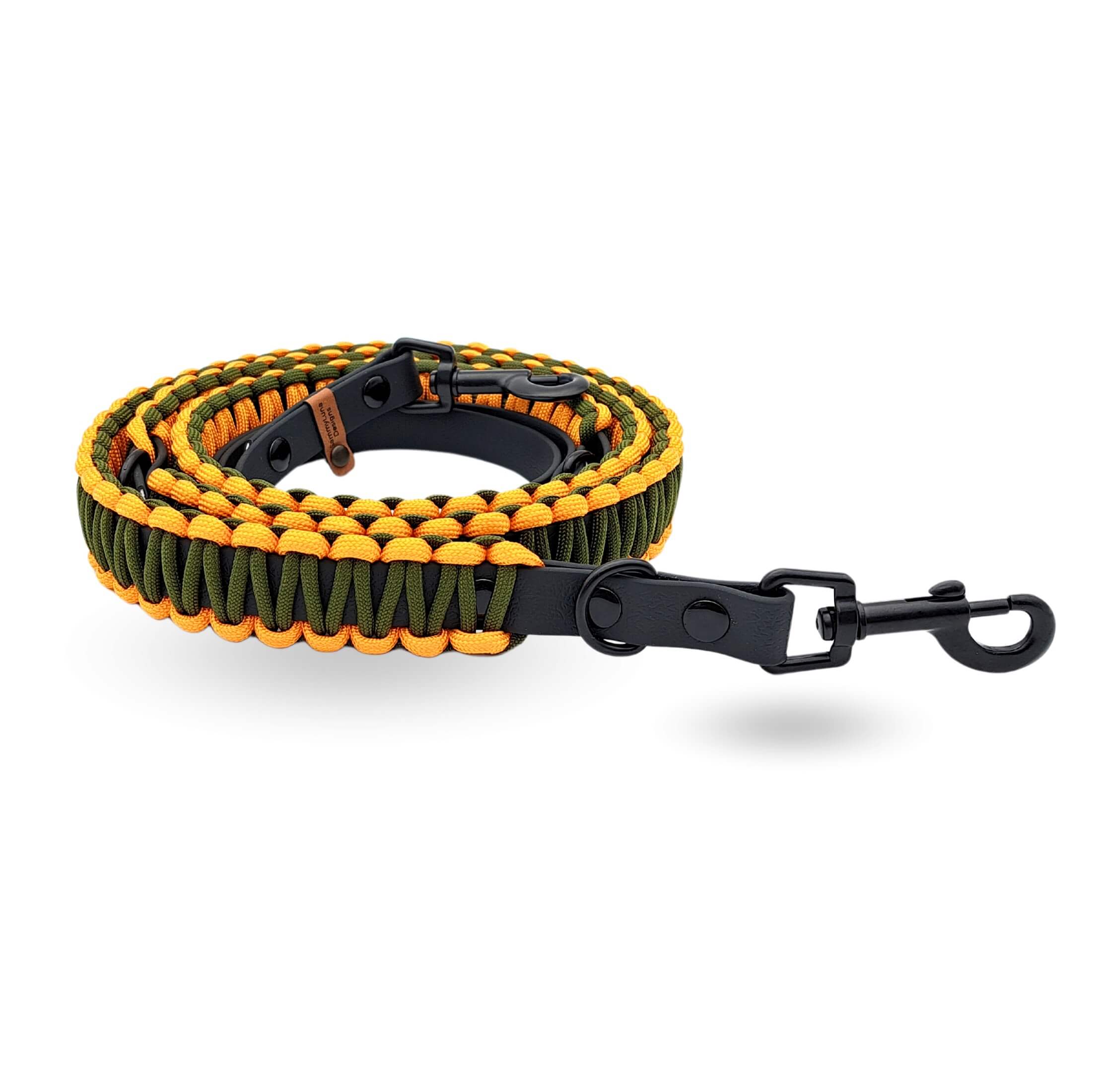Hundeleine in Paracord-Trendfarben Olive und Apricot Orange mit schwarzenm Gurtband