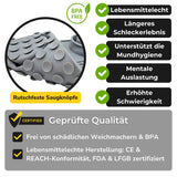 Hinweis auf die Vorteile und der Saugknöpfe am Boden der Schleckmatte