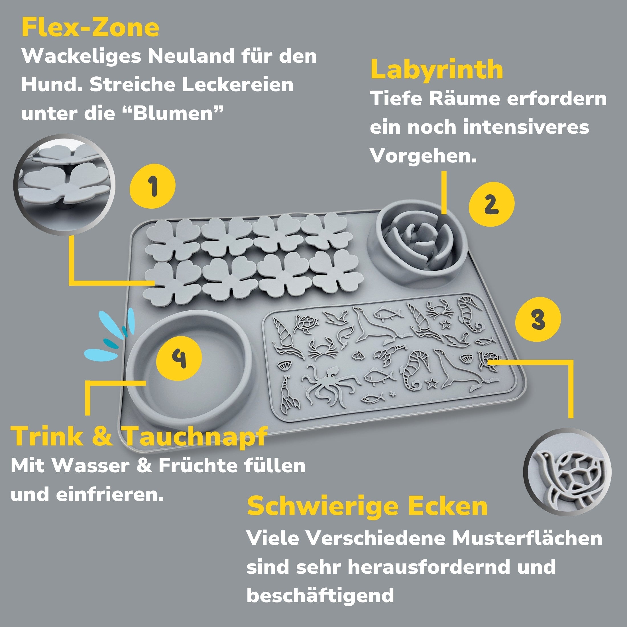 Beschreibung der einzelnen Leckmatten-Zonen