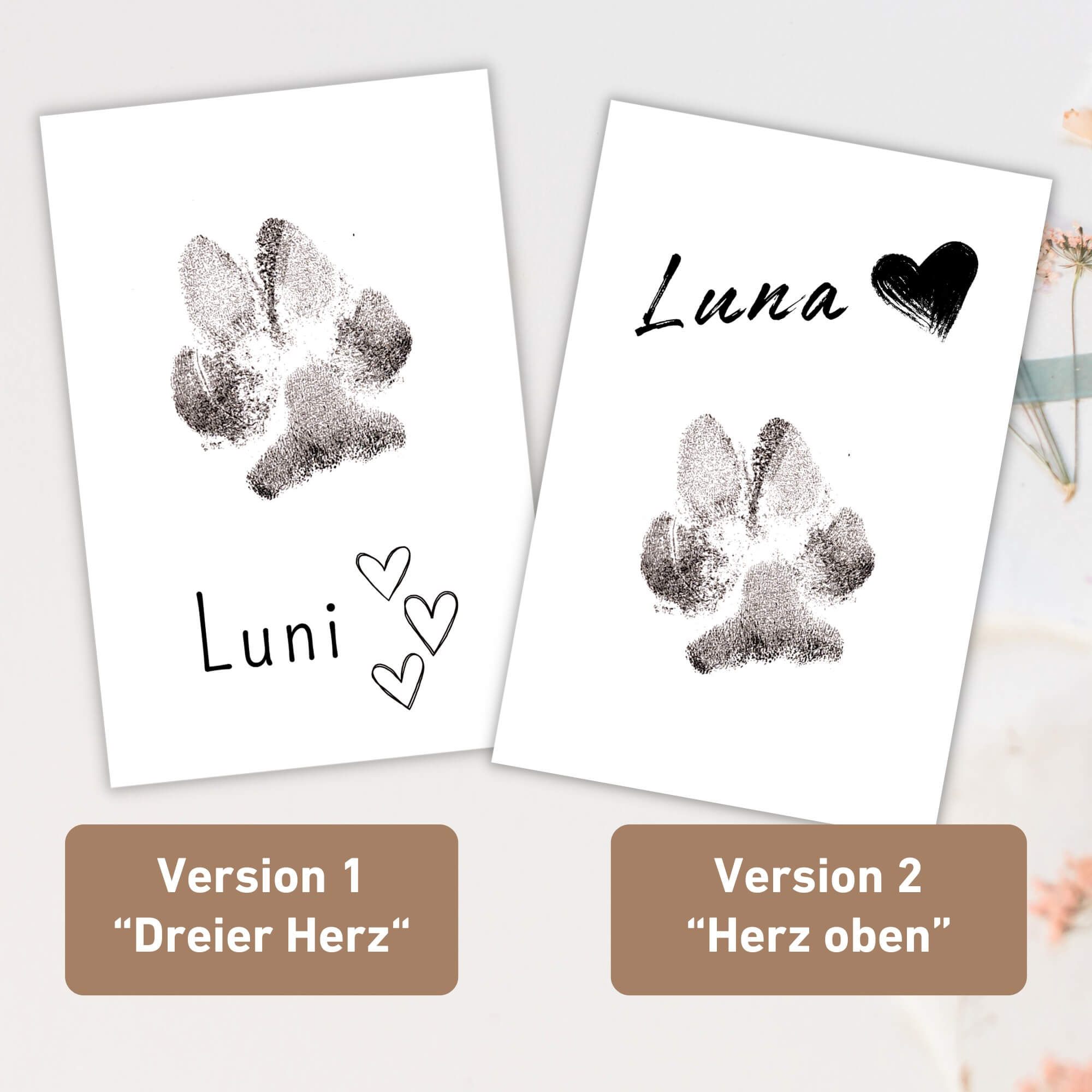 Zwei unterschiedliche Vordrucke für den Pfotenabdruck mit Tinte