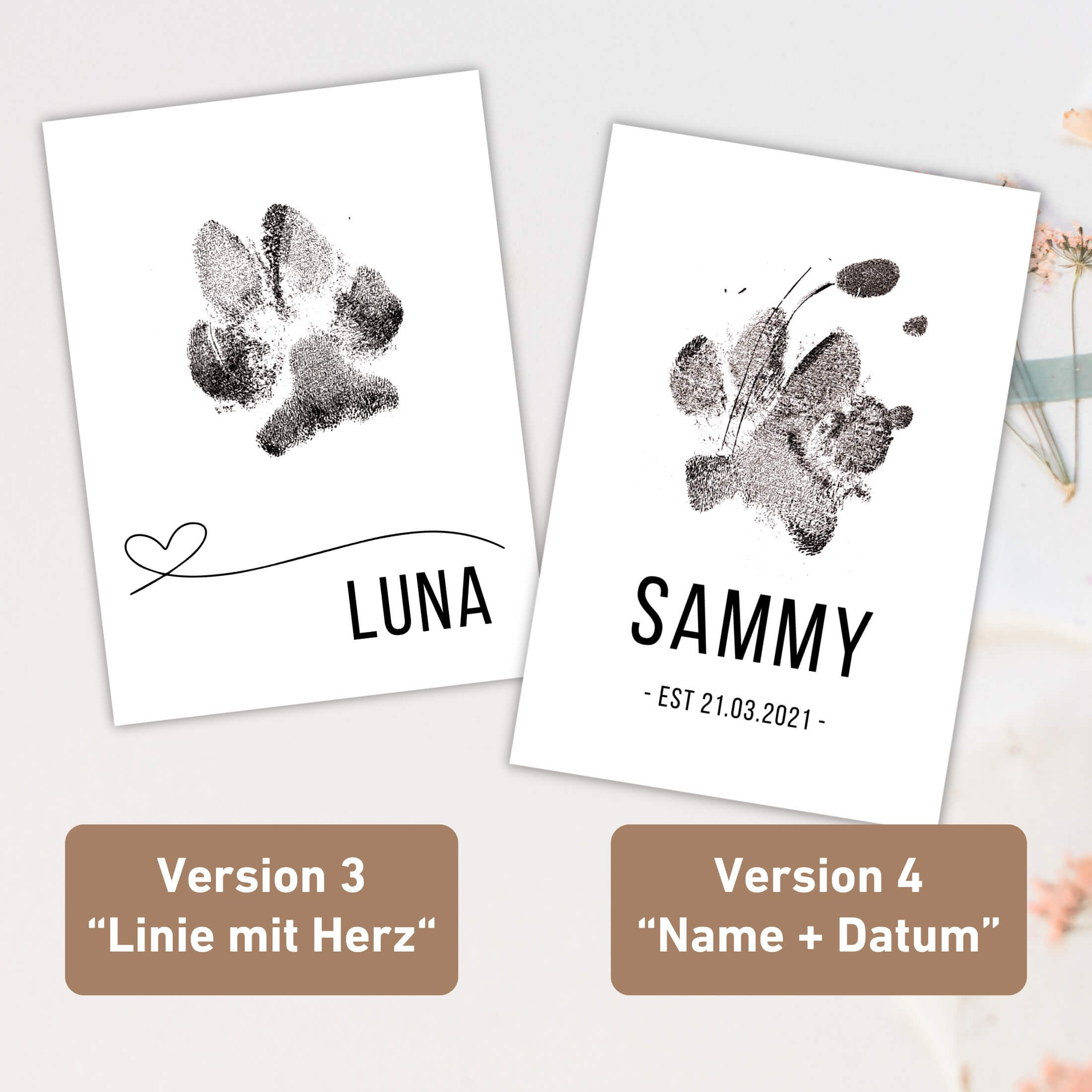 Erinnerung an das Haustier an Beispiel zwei unterschiedlicher Pfotenabruck-Designs