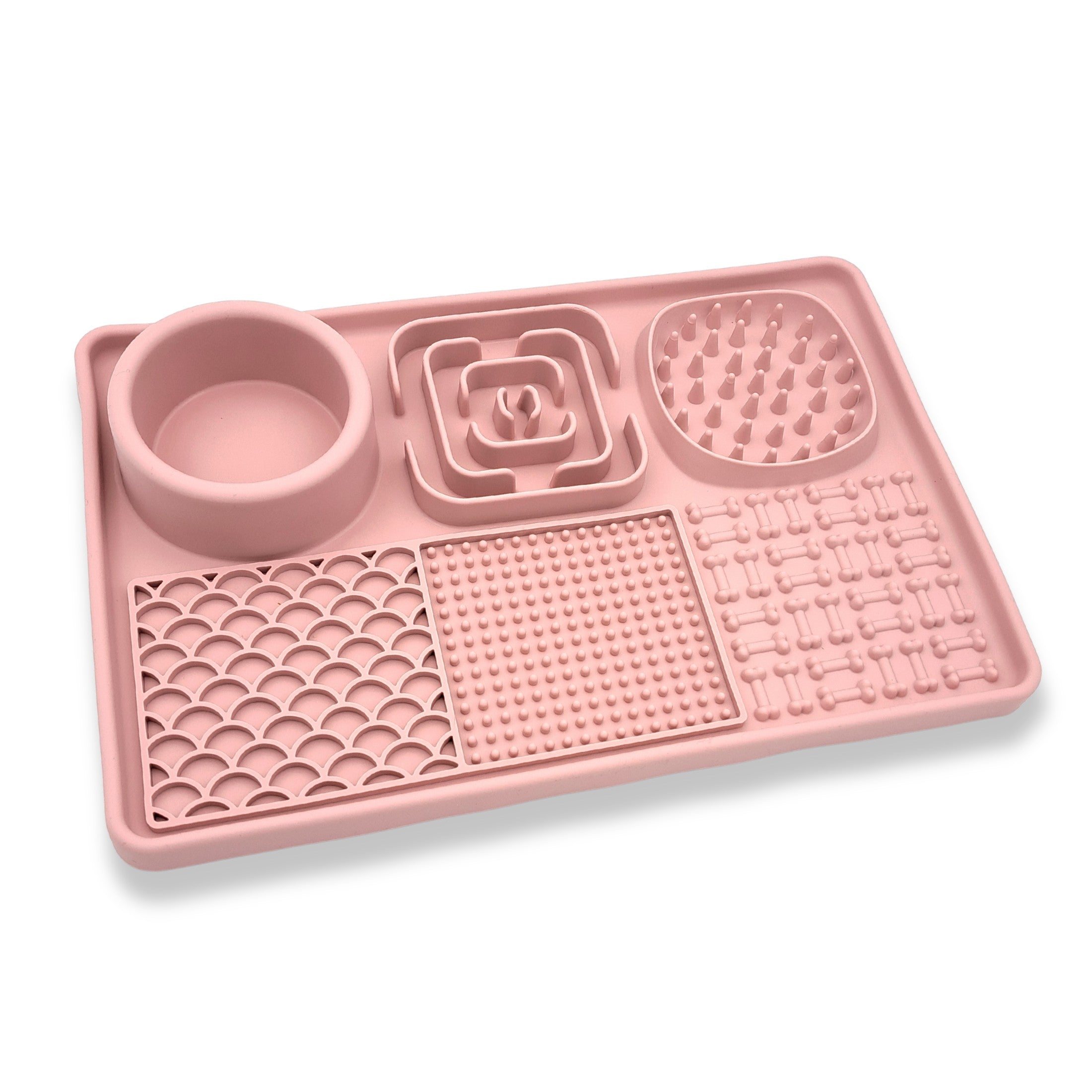 Hunde Schleckmatte in rosa mit verschiedenen Leckbereichen