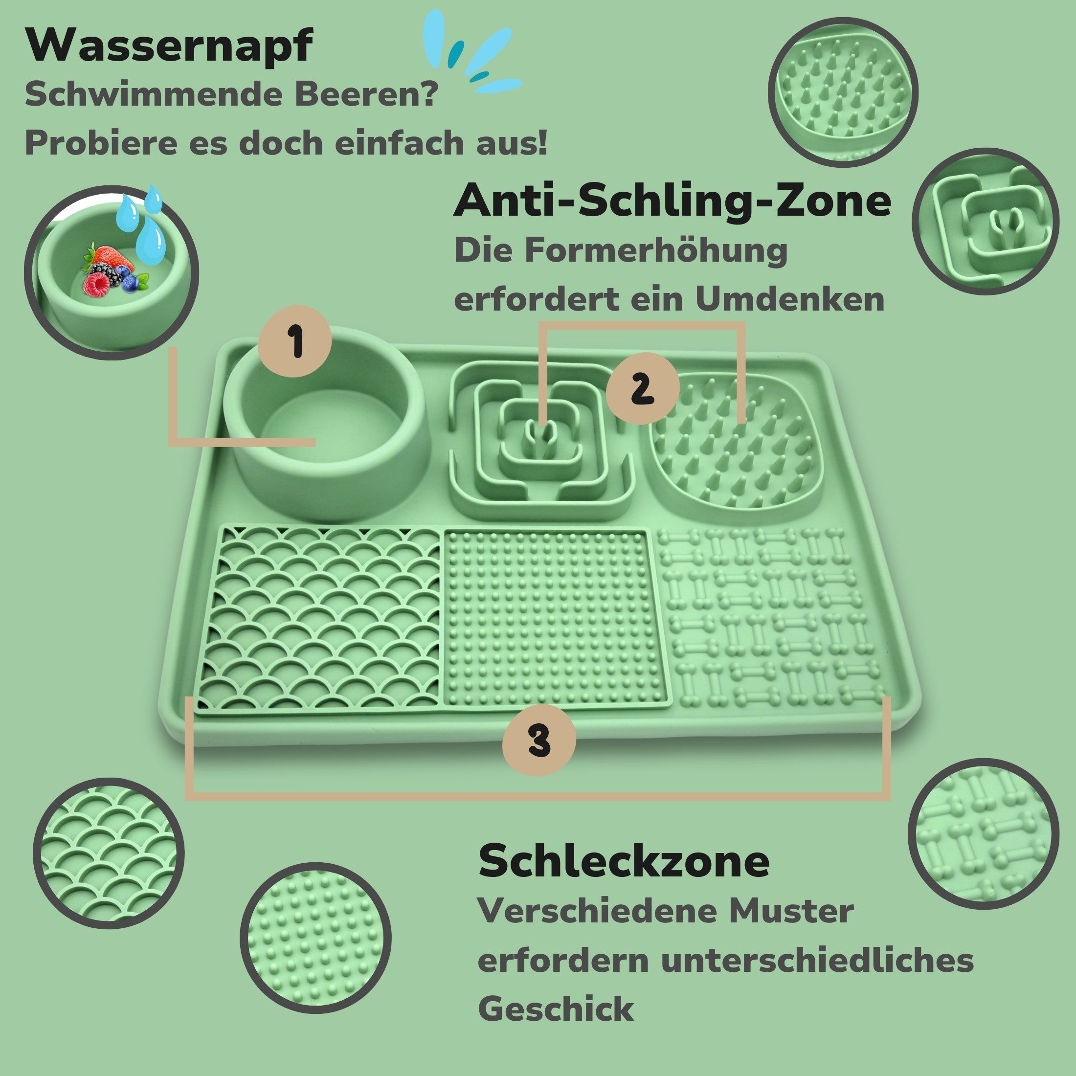 Die Zonenaufteilung einer grünen Schleckmatte für Hunde