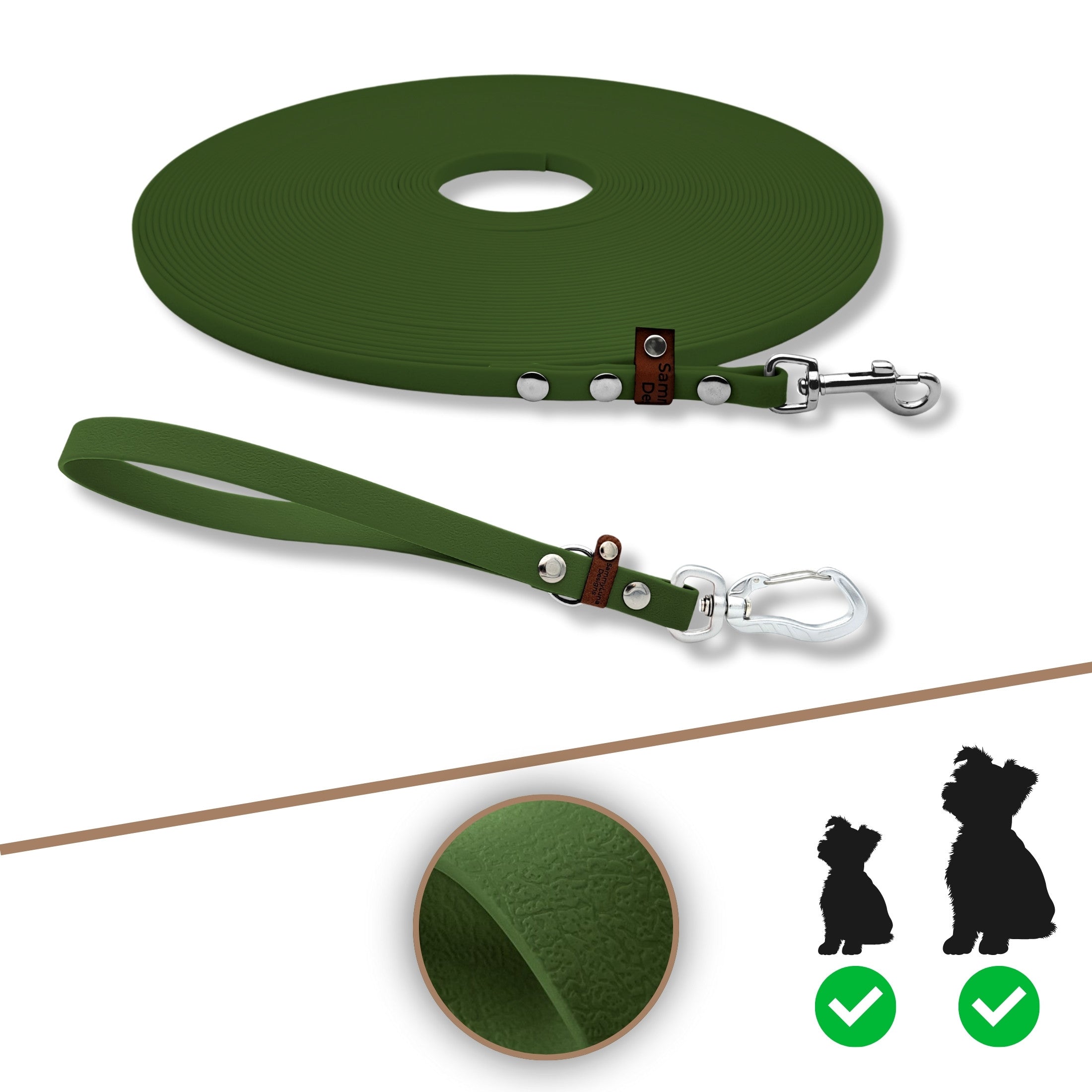 Schleppleine mit Halterung und Handschlaufe in oliv und silber