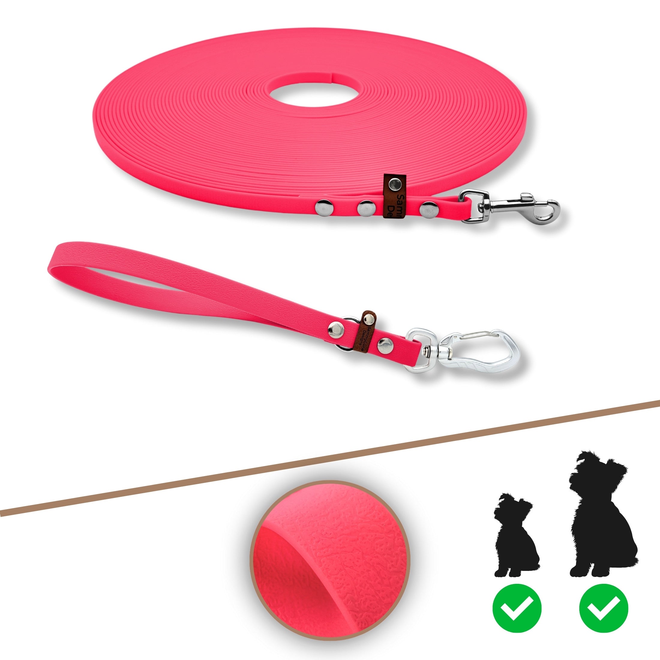 Schleppleine mit Halterung und Handschlaufe in neon-pink und silber