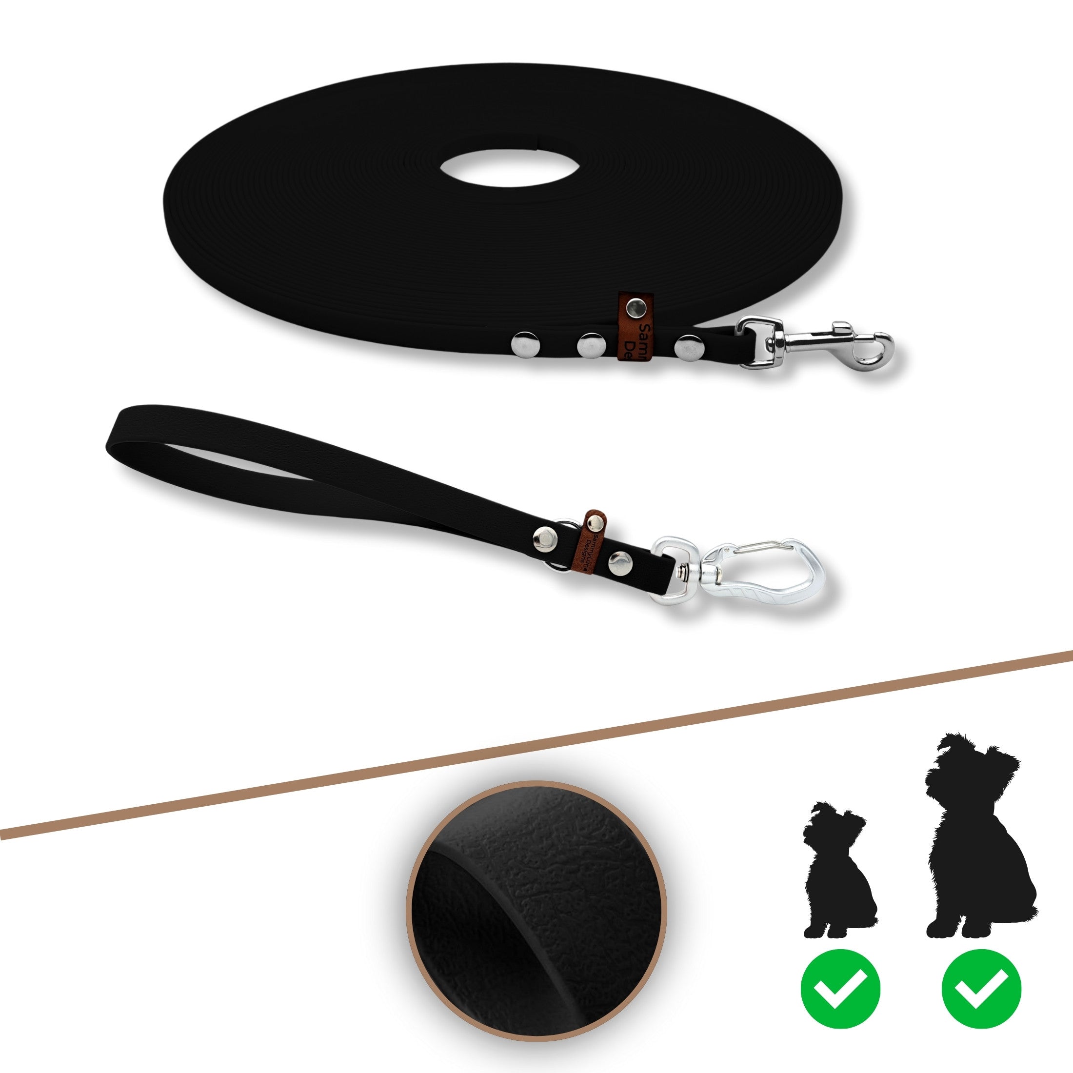 Schleppleine mit Halterung und Handschlaufe in schwarz und silber