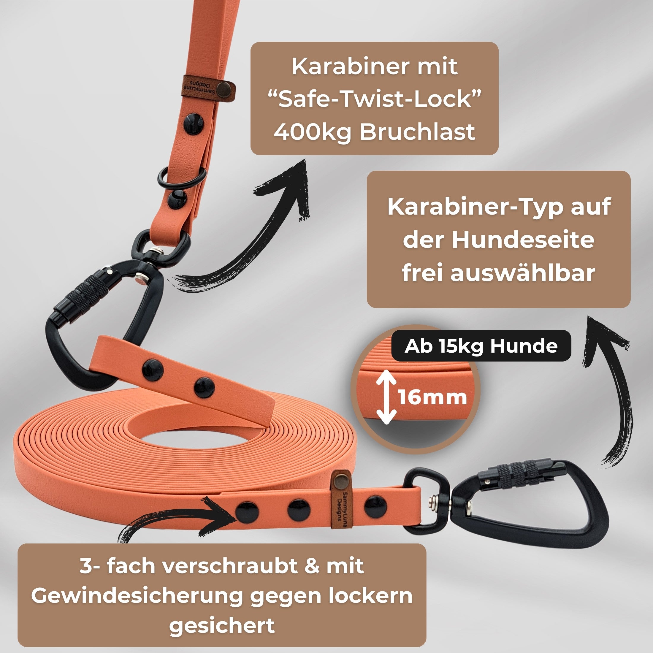Multifunktionale Schleppleine in Apricot Funktionen