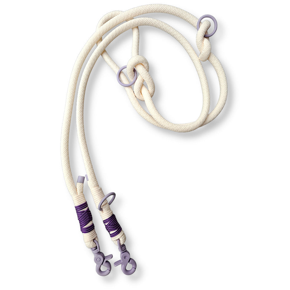 Premium Hundeleine aus Tauseil / Kletterseil in creme-farbenden weiß mit lila Silikon-Finish Karabinern
