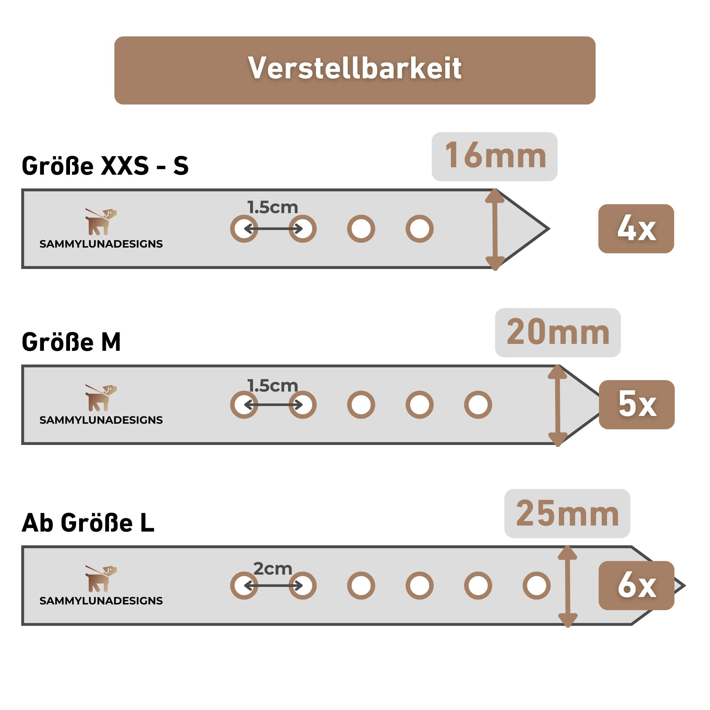 Groessenunterschiede Biothane Halsbänder SammyLunaDesigns XXS bis XXL