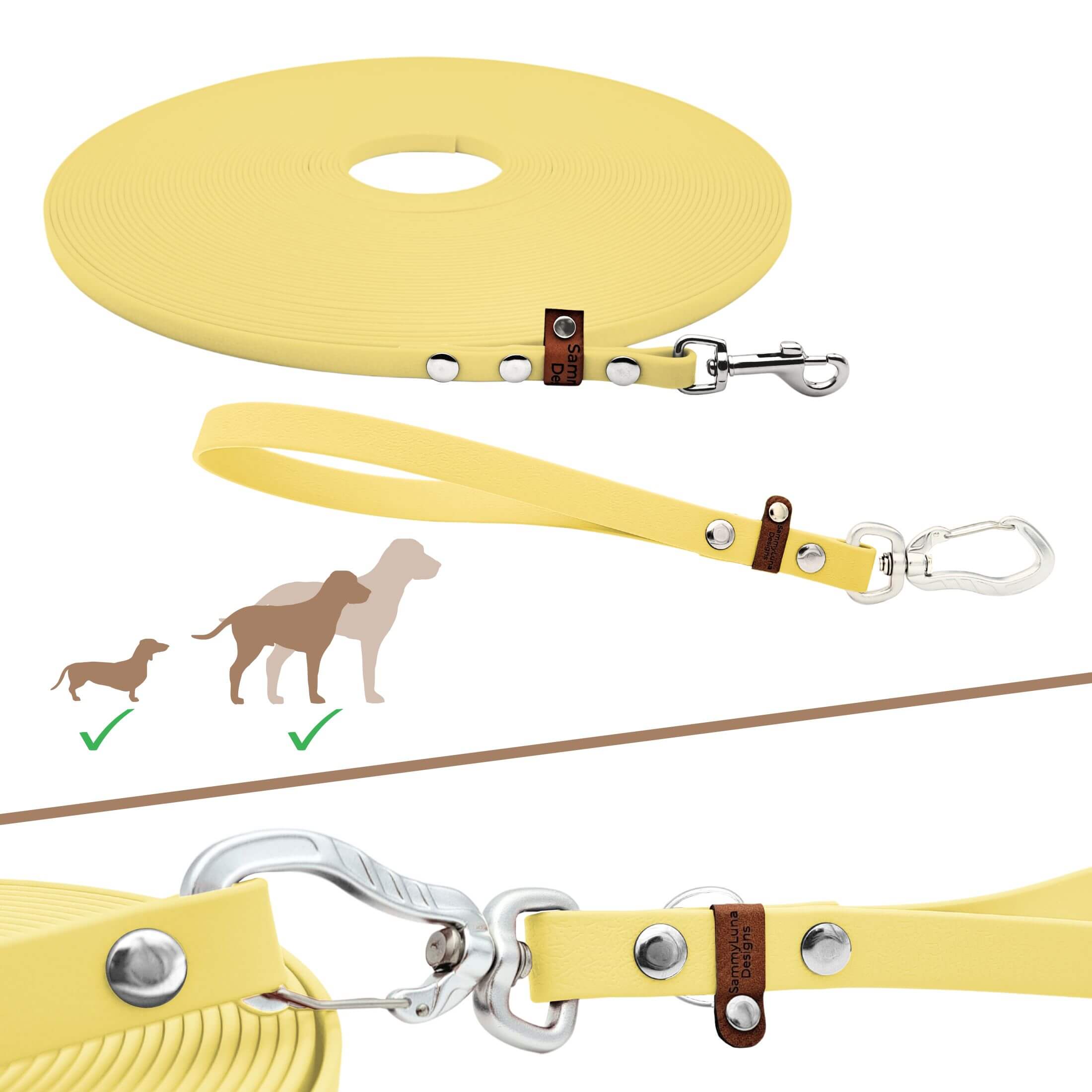 Schleppleine mit separatem Kurzführer in der Farbe Pastell-Gelb und silberner Hardware. Geeignet für kleine und große Hunde.