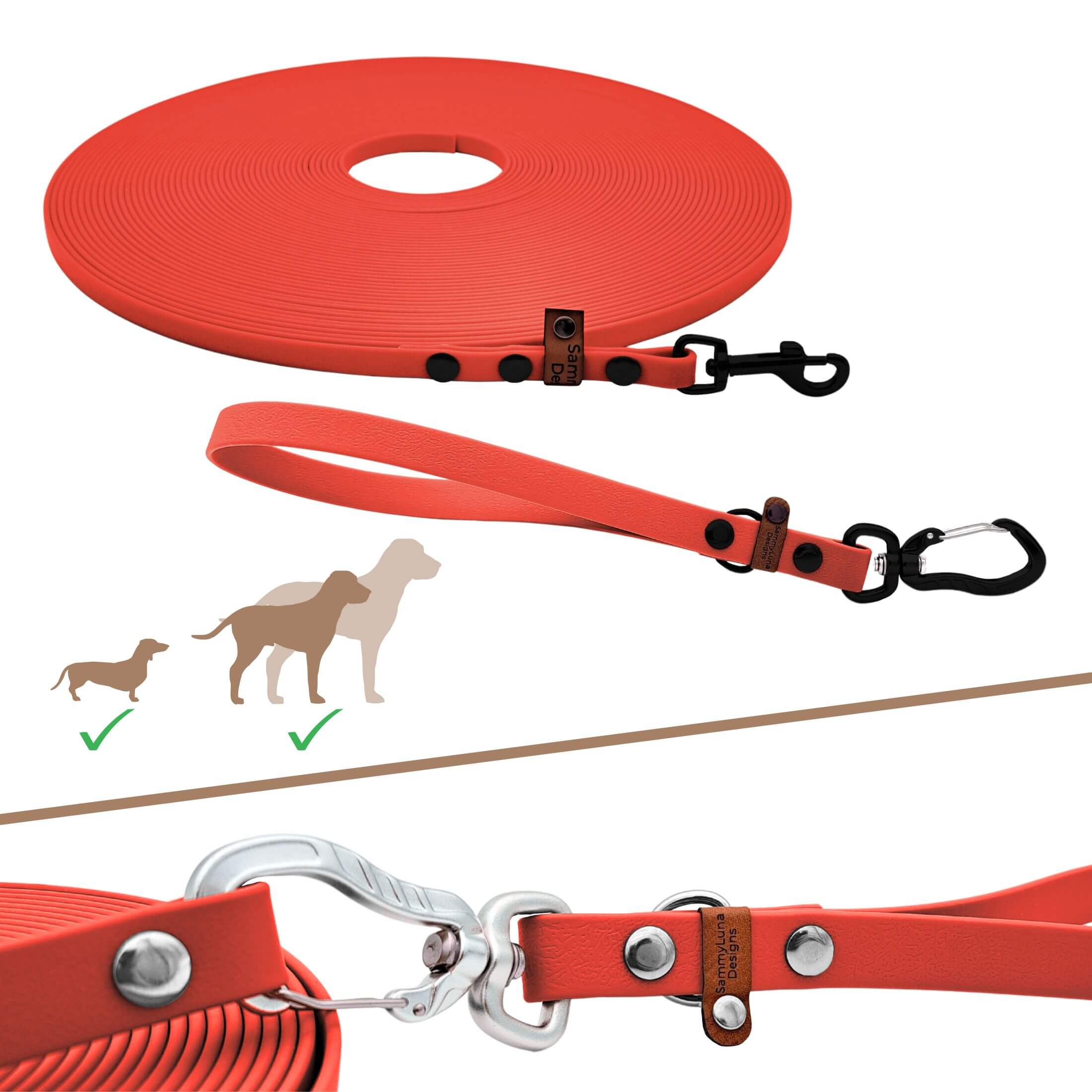 Schleppleine aus PVC-Gurtband mit Handschlaufe und Karabiner in rot