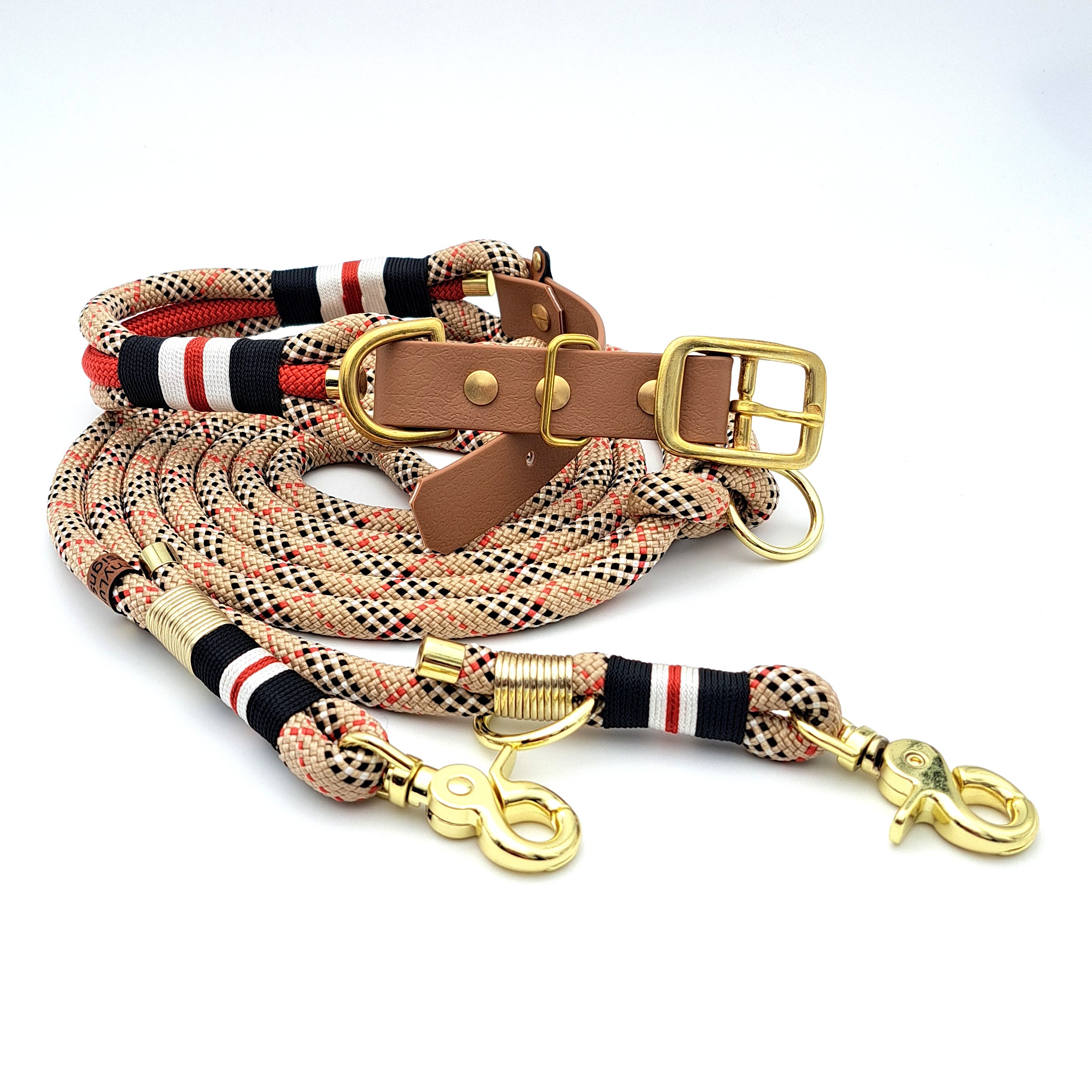 Hundeleine Halsband Set Tartan-Beige Tauseil mit goldener Hardware