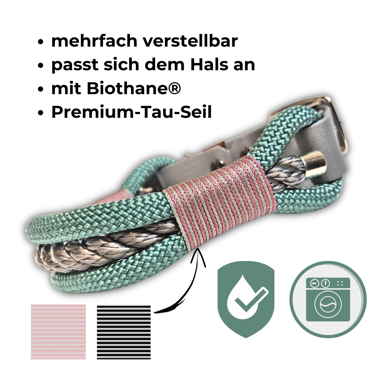Hundehalsband Tauseil Triple-Tau in Seegrün Rosa-Grau