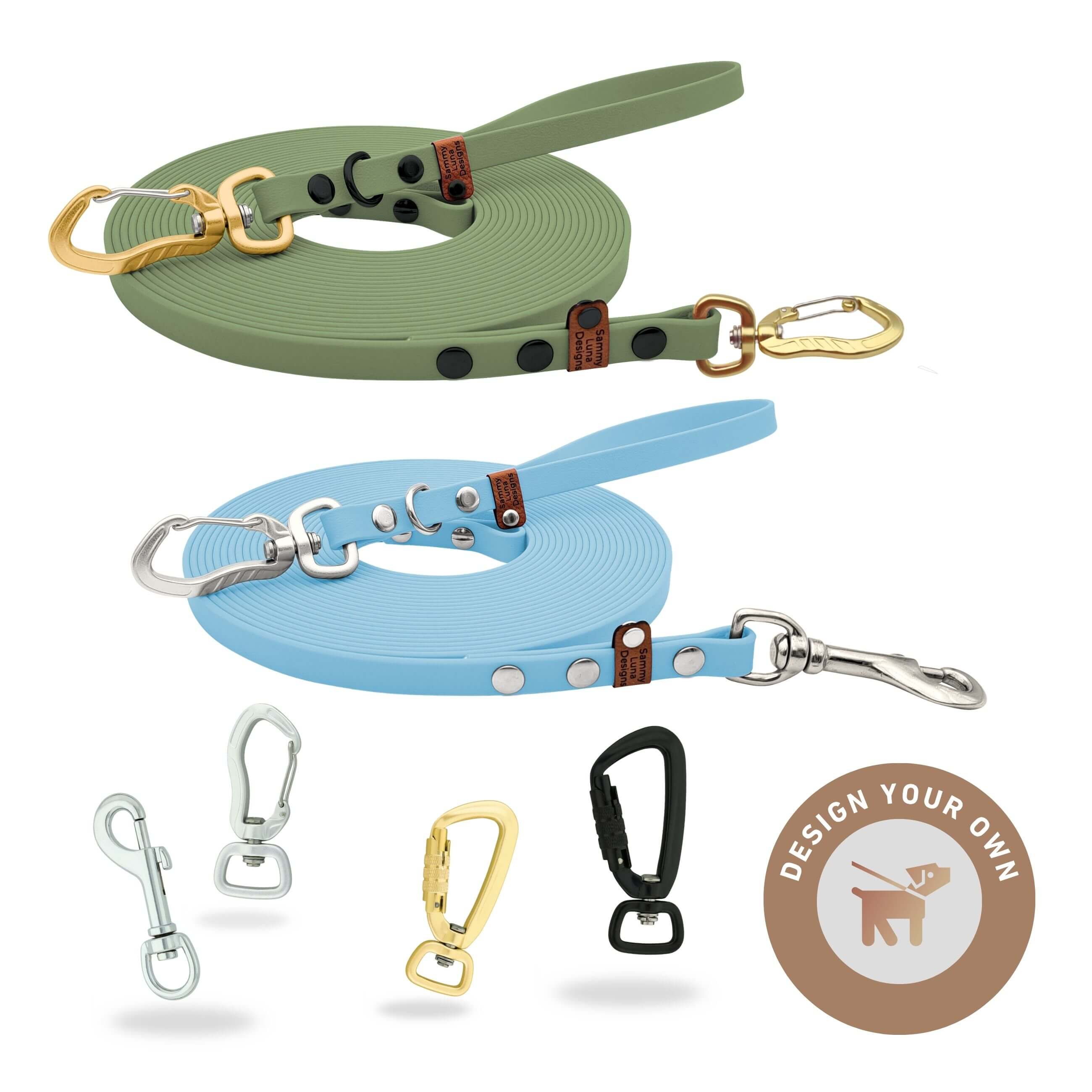 Funktionale Hunde-Schleppleinen in verschiedenen Farben und symbolische Sicherheitskarabiner