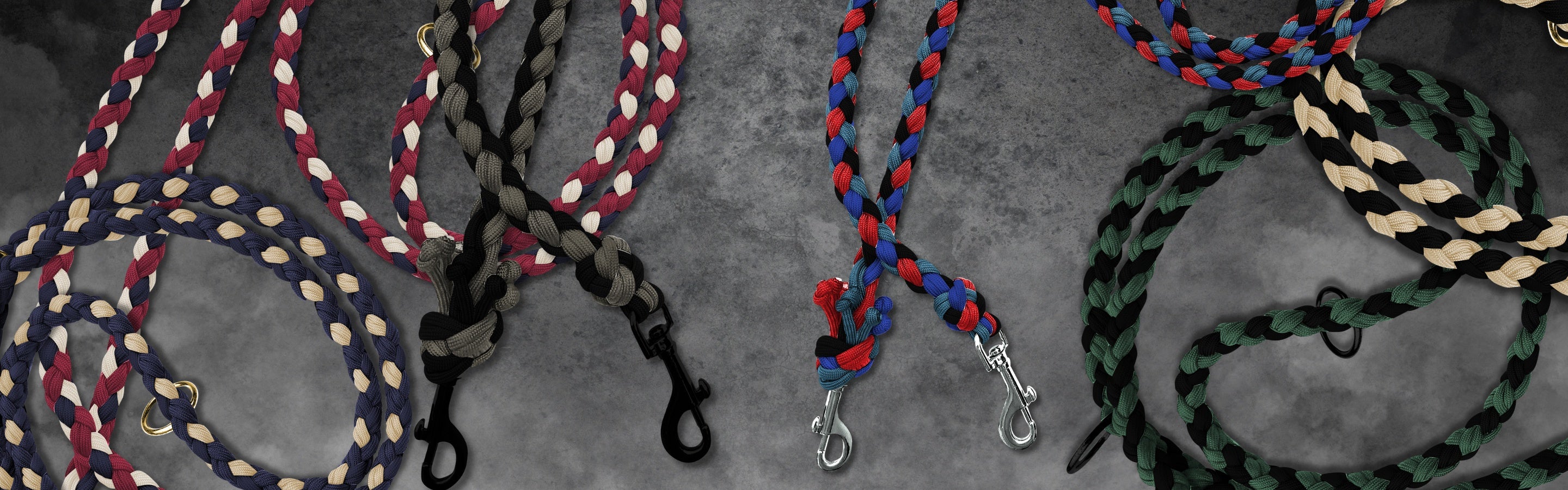 Various paracord dog leashes with background