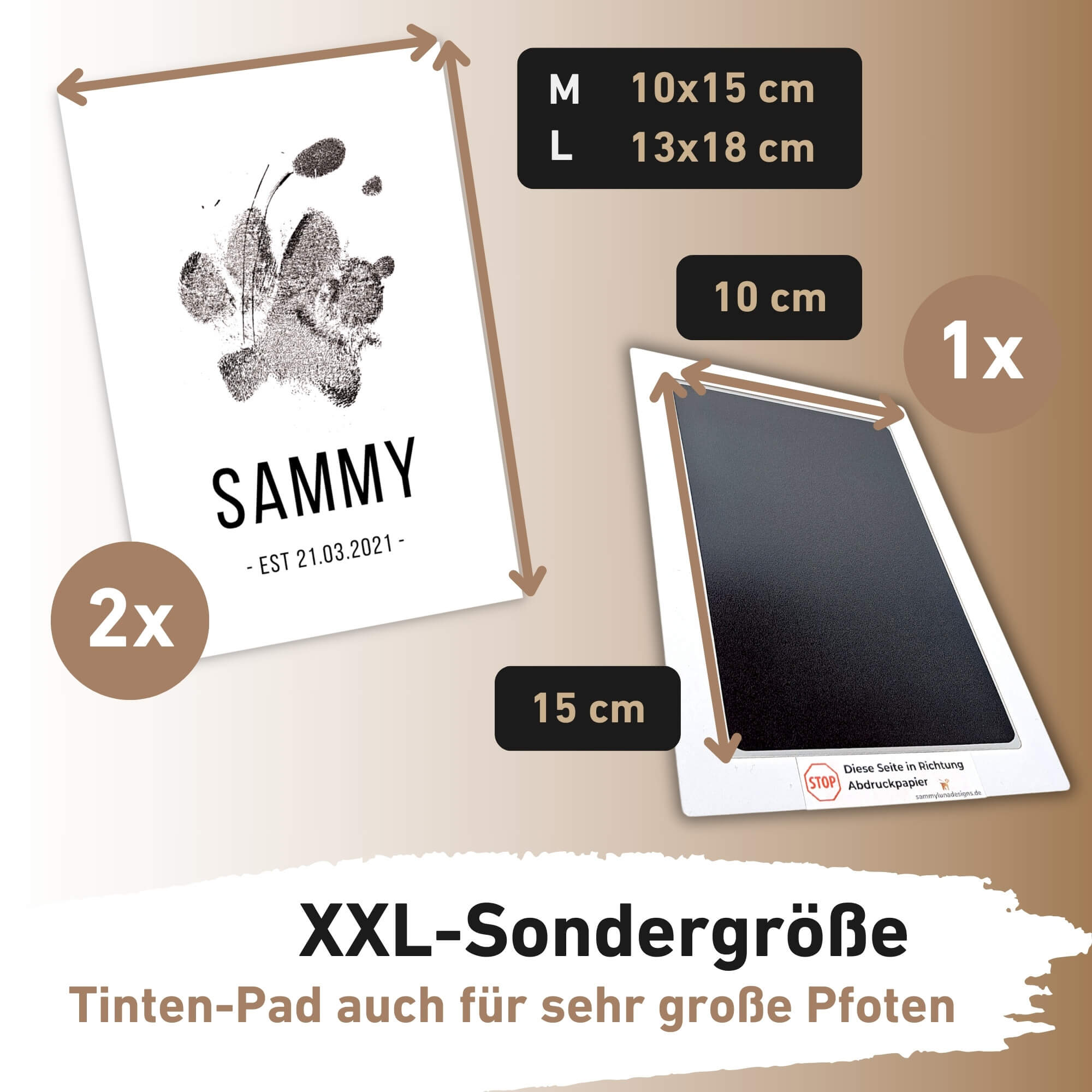Tintenpad und Haustier-Erinnerungskarten mit Größenbeschreibung