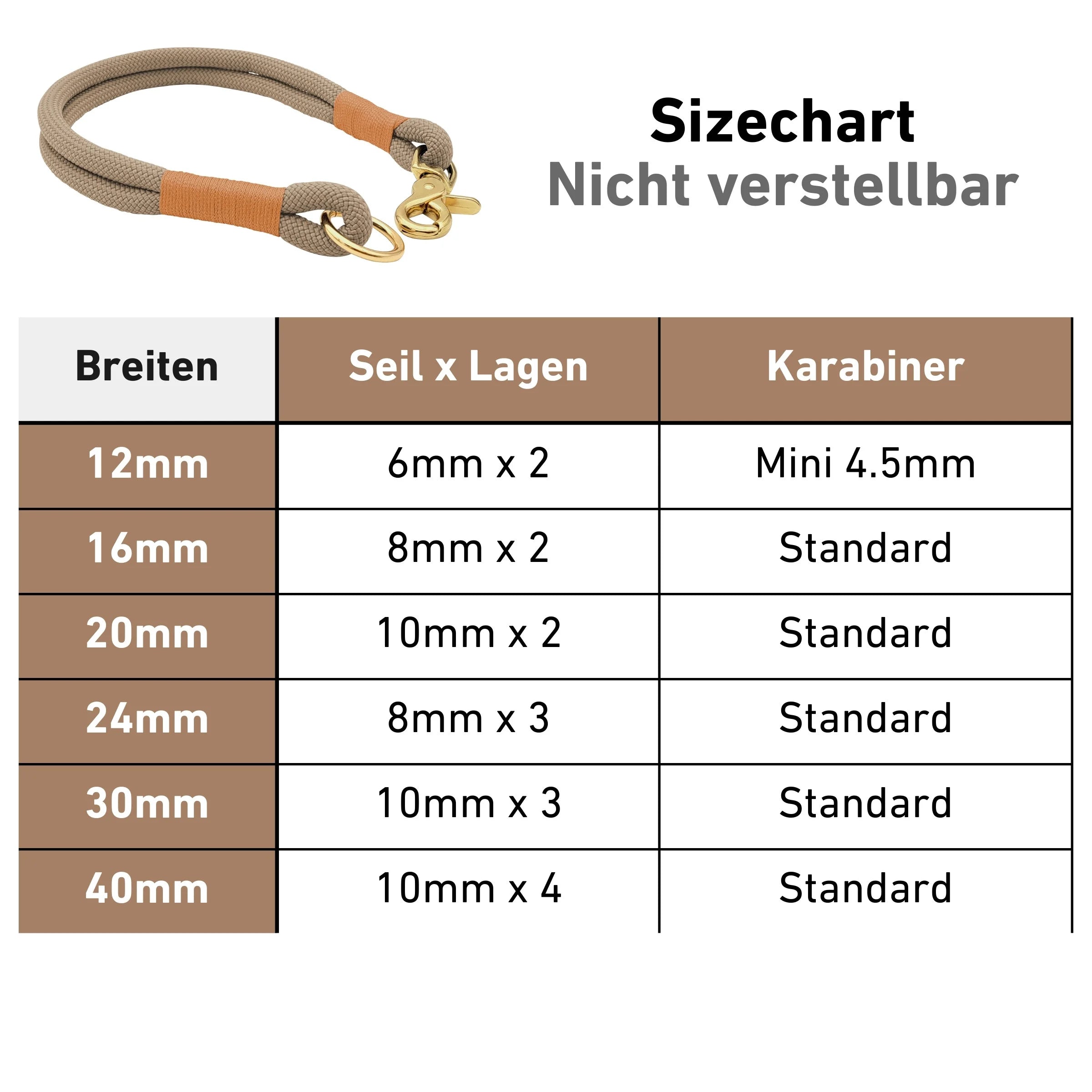 Größentabelle Tau-Halsband fixe Größe