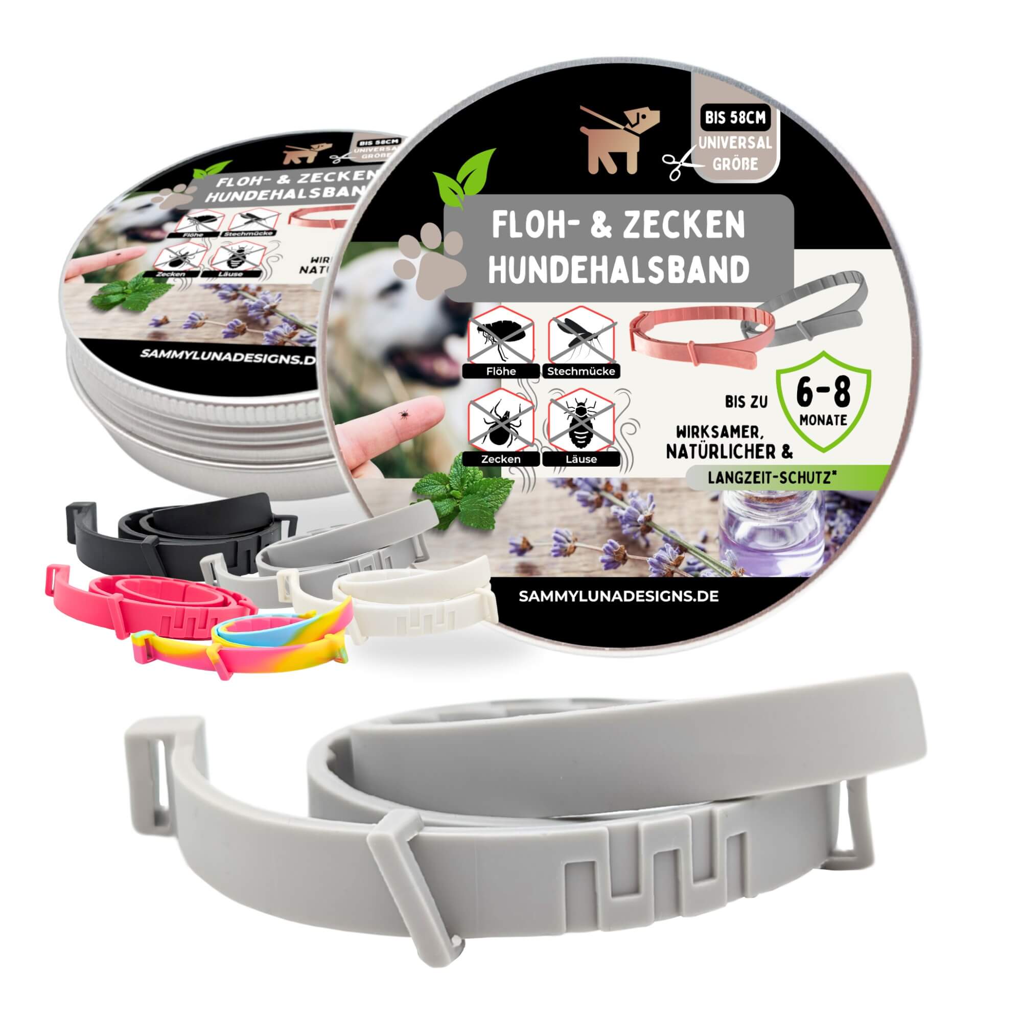 Natürliches Zeckenhalsband für Hunde mit Dose in der Farbe grau.