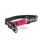 Reflektierendes Zugstopphalsband für Hunde in Schwarz-reflektivem PVC mit einem Farbakzent in Magenta.